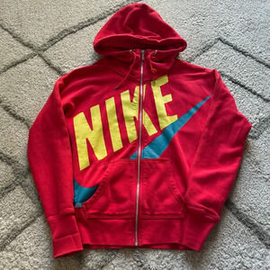 Nike zip up jacket sweatshirt hoodie full zip Red Yellow Blue Large swoosh XS